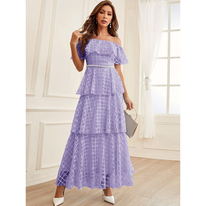 Maxi Dress Bateau Neck Short Sleeves Casual Sheer Floor Length Dress Pastoral Style Dating