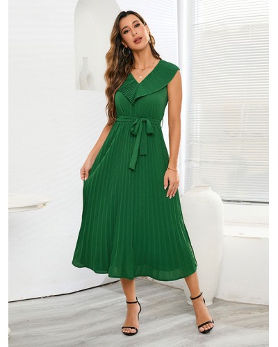 Women Dress V-Neck Pleated Knotted Green Medium Beach Dress Sexy Elegant Summer