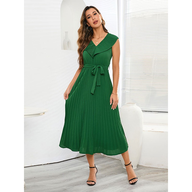 Women Dress V-Neck Pleated Knotted Green Medium Beach Dress Sexy Elegant Summer