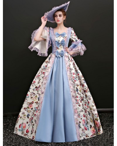 Women Victorian Dress Costume 's Rococo Vintage Victorian Era Outfits Illusion Blue Jacquard Retro Ball Gown Costumes Halloween Sets ROCOCO