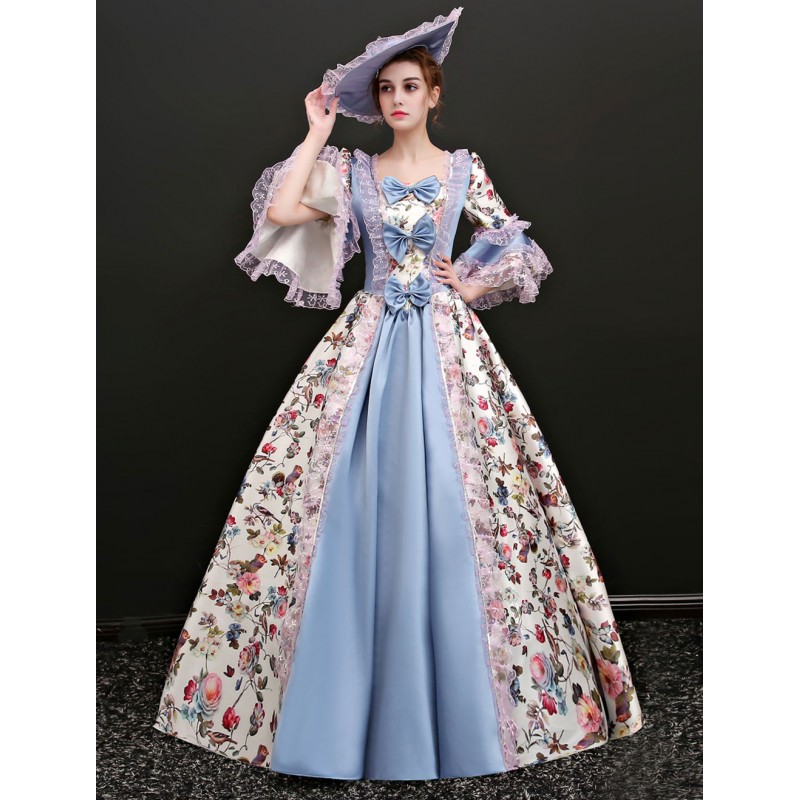 Women Victorian Dress Costume 's Rococo Vintage Victorian Era Outfits Illusion Blue Jacquard Retro Ball Gown Costumes Halloween Sets ROCOCO