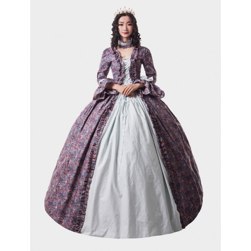 Women Victorian Dress Costume 's Baby Blue Trumpet Long Sleeves Ruffle Floral Print Ball Gown Victorian Era Style Set With Choker Vintage Clothing Halloween Sets Victorian Era