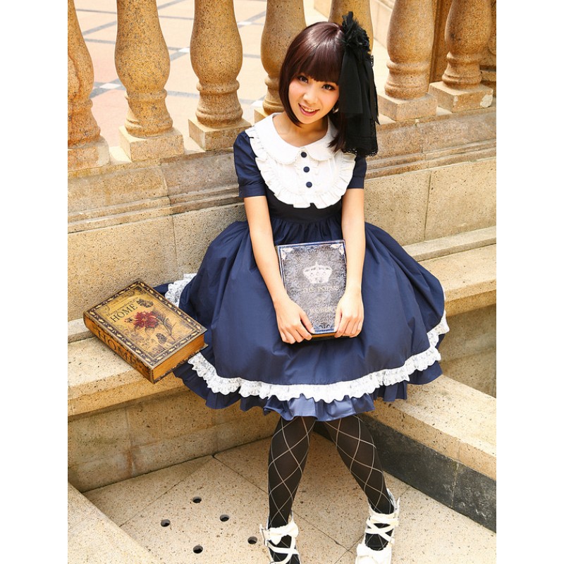 Navy Blue Lolita One Piece Dress Asibuto Penta Short Sleeves Turndown Collar Lace Trim  Sailor Summer Daily Casual