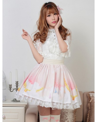 Sweet Light Pink White Printed Lolita Skirt With Lace Trim Spring Daily Casual