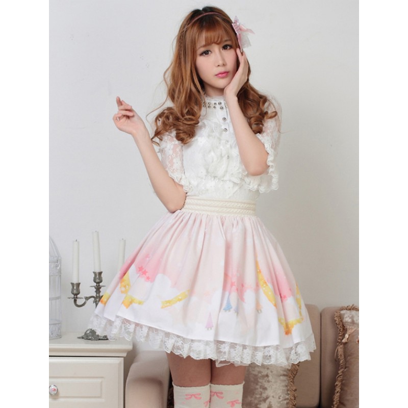 Sweet Light Pink White Printed Lolita Skirt With Lace Trim Spring Daily Casual