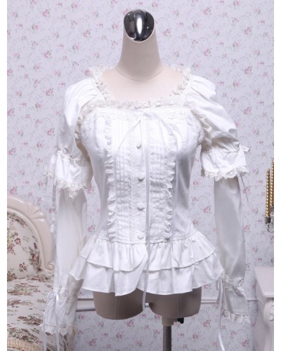 White Cotton Lolita Blouse Long Sleeves Square Neck Lace Trim Layered Ruffles Lace Bow Daily Casual