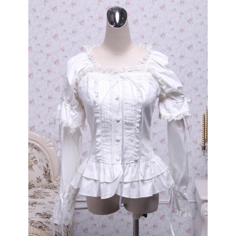 White Cotton Lolita Blouse Long Sleeves Square Neck Lace Trim Layered Ruffles Lace Bow Daily Casual