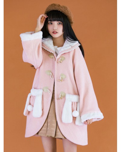 Pink Lolita Coats Lace Pom Poms Polyester Overcoat Color Block Lolita Outwears Fall Winter