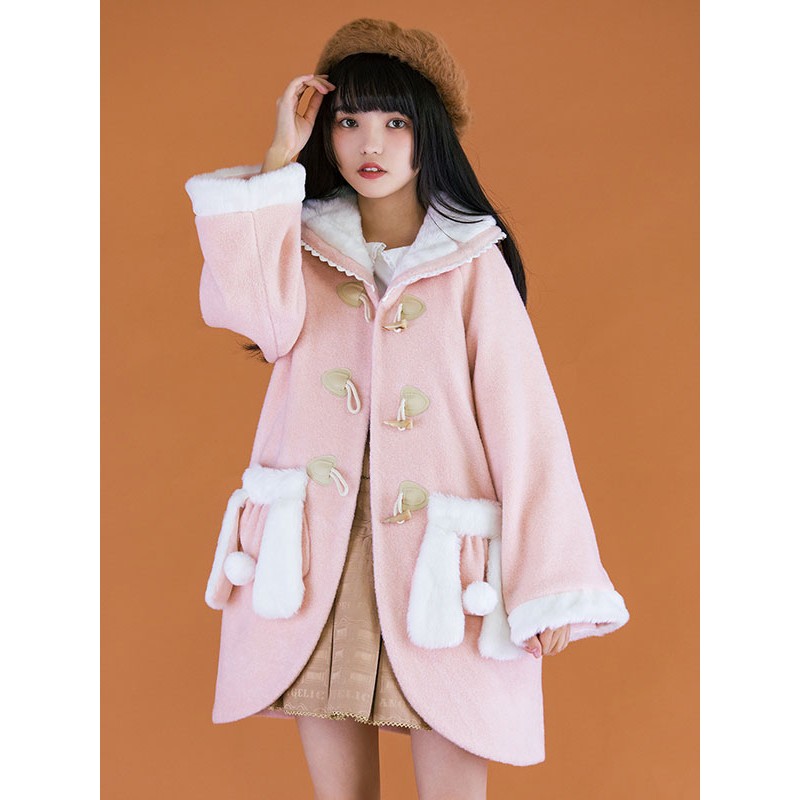 Pink Lolita Coats Lace Pom Poms Polyester Overcoat Color Block Lolita Outwears Fall Winter