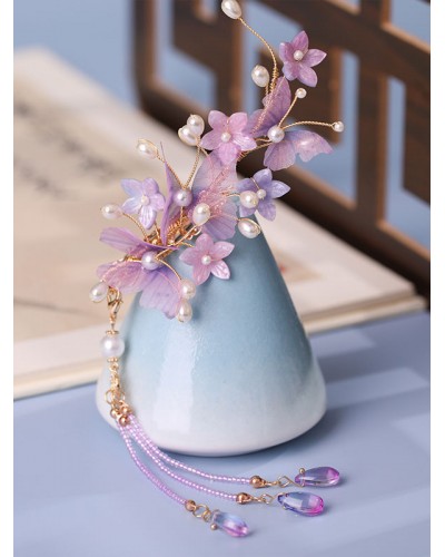 Chinese Style Lolita Accessories Purple Flowers Pearls Metal Headwear Miscellaneous Chinese Style