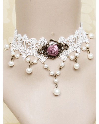 Classic Lolita Necklace Floral Pearl Bead Lace White Lolita Choker Accessories Classic  Traditional Tea Party