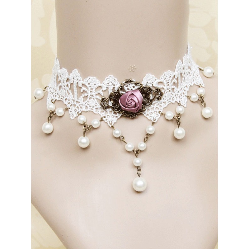 Classic Lolita Necklace Floral Pearl Bead Lace White Lolita Choker Accessories Classic  Traditional Tea Party