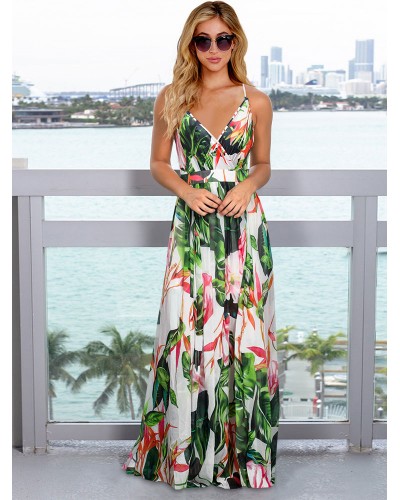 Women White Dresses Sleeveless Green Tie Dye Straps Neck Pleated Oversized Long Dress Maxi Bohemian Summer