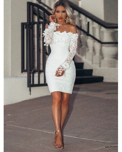 Birthday White Lace Dresses Bateau Neck Long Sleeves Lace Casual Summer Dresses Dress Bodycon Street Wear