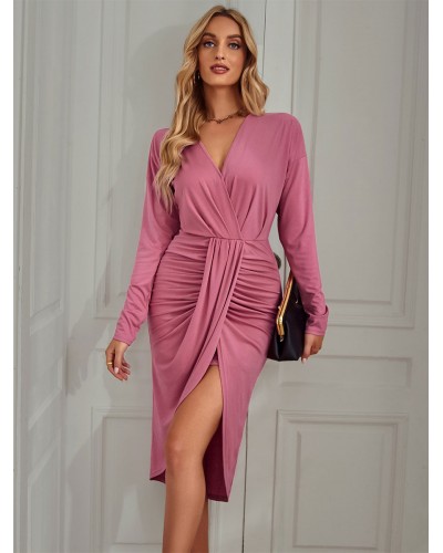 Women Birthday Sexy V-Neck Long Sleeves Midi Dress Simple Spring Fall Winter