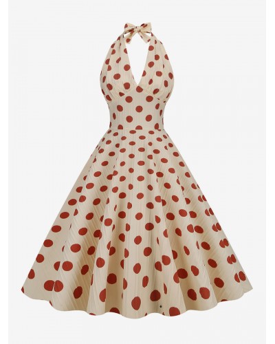 Dress Red 1950s Audrey Hepburn Style Polka Dot Pleated Sleeveless V-Neck Medium Swing Dress Vintage Retro Spring Summer