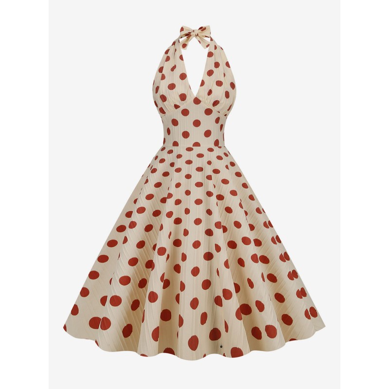 Dress Red 1950s Audrey Hepburn Style Polka Dot Pleated Sleeveless V-Neck Medium Swing Dress Vintage Retro Spring Summer