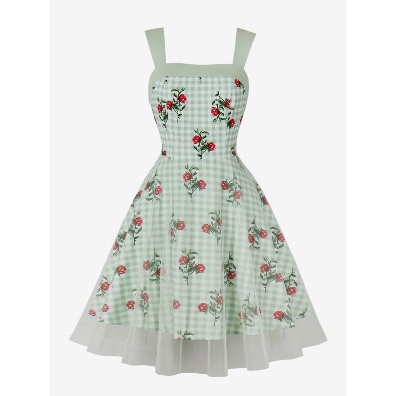 Dress 1950s Audrey Hepburn Style Square Neck Sleeveless Floral Print Knee Length Light Green Swing Dress Bodycon Retro Chic  Modern Casual Spring Summer Fall