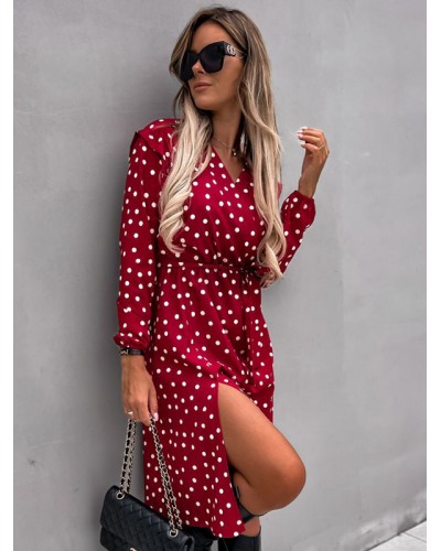 Polka Dot Lace Up Sexy V-Neck Long Sleeves Midi Dress Chic  Modern Daily Casual