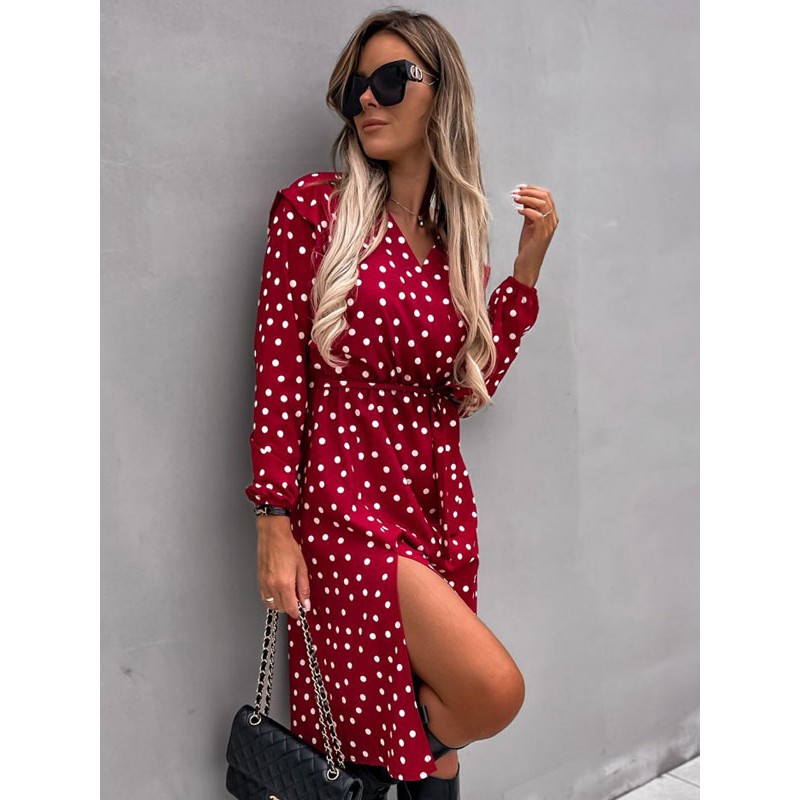 Polka Dot Lace Up Sexy V-Neck Long Sleeves Midi Dress Chic  Modern Daily Casual