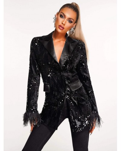 Women Sequin Blazer Jacket Black Turndown Collar Long Sleeves Outerwear Tailored Jacket Spring Fall Street Wear Daily Casual Field