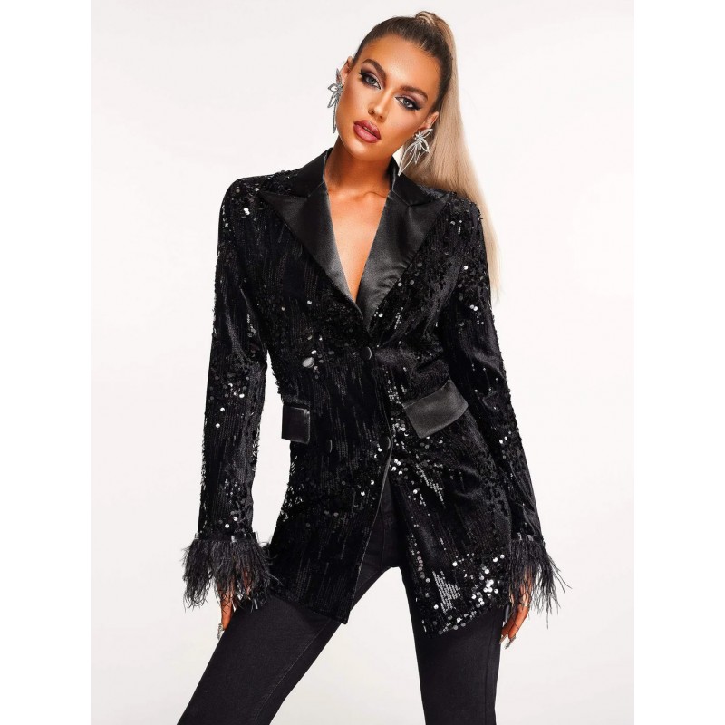 Women Sequin Blazer Jacket Black Turndown Collar Long Sleeves Outerwear Tailored Jacket Spring Fall Street Wear Daily Casual Field