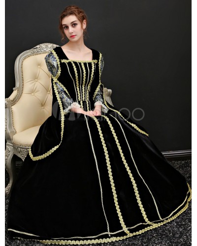 Women Halloween Costume 's Vintage Black Velour Long Dresses Sets Baroque