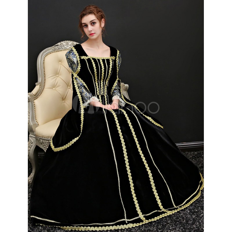 Women Halloween Costume 's Vintage Black Velour Long Dresses Sets Baroque