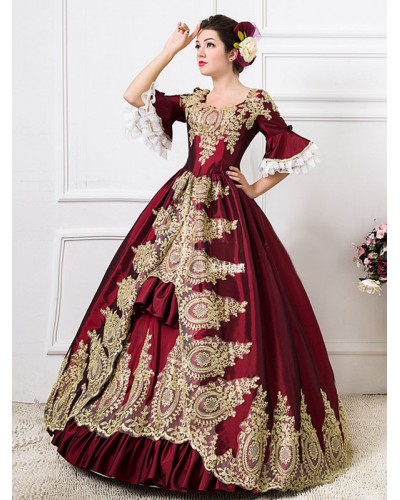 Victorian Dress Costume Burgundy Women's Rococo Red Ruffles Bell Half Sleeves Print Ball Gown Victoria Era Clothing Retro Costumes Dress Baroque Halloween Holiday Pageant