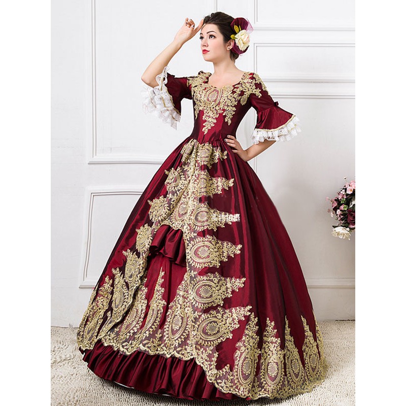 Victorian Dress Costume Burgundy Women's Rococo Red Ruffles Bell Half Sleeves Print Ball Gown Victoria Era Clothing Retro Costumes Dress Baroque Halloween Holiday Pageant