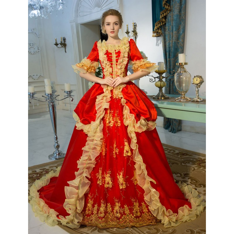 Victorian Dress Costume Red Retro Costume Embroidered Zipper Tunic Chapel Train Ball Gown Victorian Era Clothing Costumes Dress Baroque Halloween Holiday Pageant