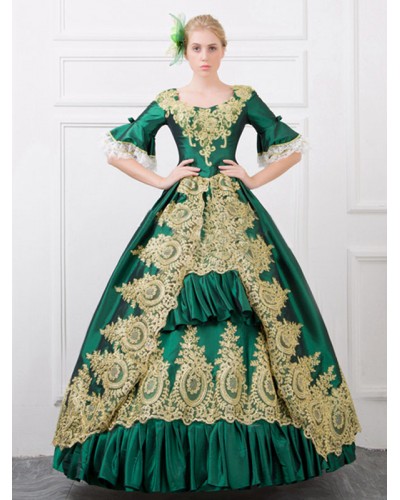 Victorian Dress Costume Green Retro Costume Ruffles Ball Gown Hlaf Sleeves Printed Victoria Era Clothing Royal Retro Costumes Dress Baroque Halloween Holiday Pageant