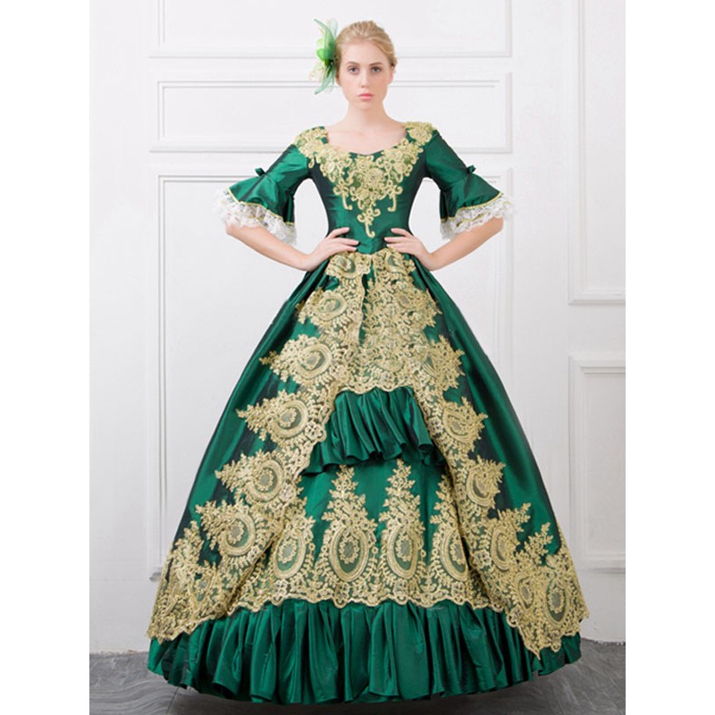 Victorian Dress Costume Green Retro Costume Ruffles Ball Gown Hlaf Sleeves Printed Victoria Era Clothing Royal Retro Costumes Dress Baroque Halloween Holiday Pageant