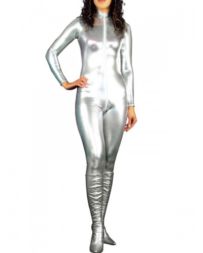 Women Halloween Silver Shiny Metallic Catsuit Solid