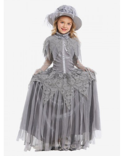 Girls Carnival Costumes For Kids Deep Gray Corpse Bride Tulle Kid's Hat Dress