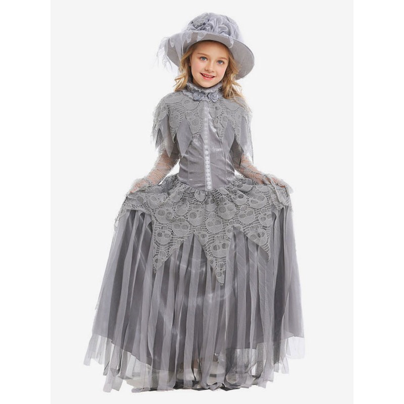 Girls Carnival Costumes For Kids Deep Gray Corpse Bride Tulle Kid's Hat Dress