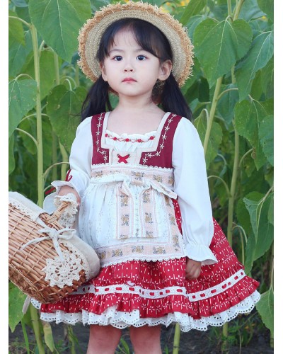 Polyester Daily Casual Ruffles Long Sleeves Polyester Fall Dress Floral Print Red Kids' Lolita Dresses Sweet ROCOCO