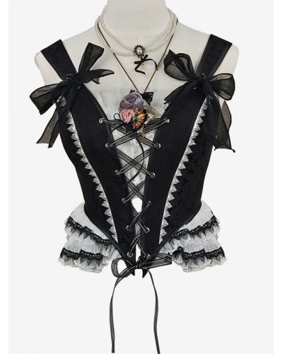 Lolita Corset For Women Black Ruffles Polyester Steampunk Gothic