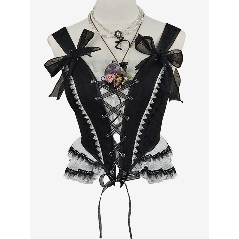 Lolita Corset For Women Black Ruffles Polyester Steampunk Gothic