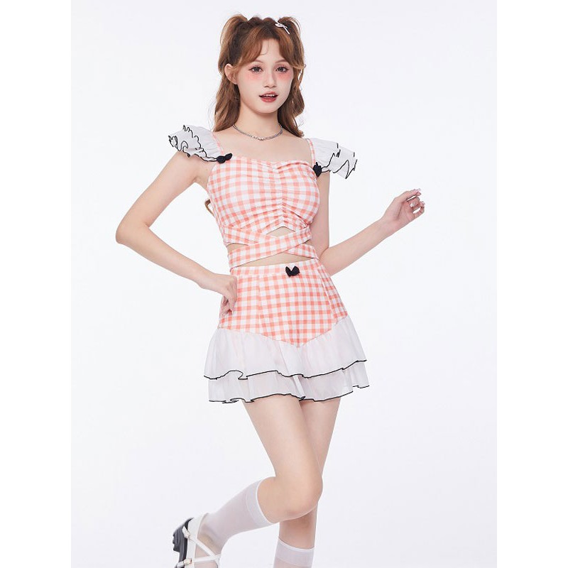 Lolita Outfits Pink Ruffles Plaid Sleeveless Pants Top Sweet