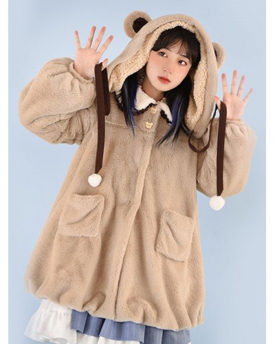 Coffee Brown Lolita Pom Poms Color Block Overcoat Polyester Fall Sweet Lolita Outwears Coat Daily Casual