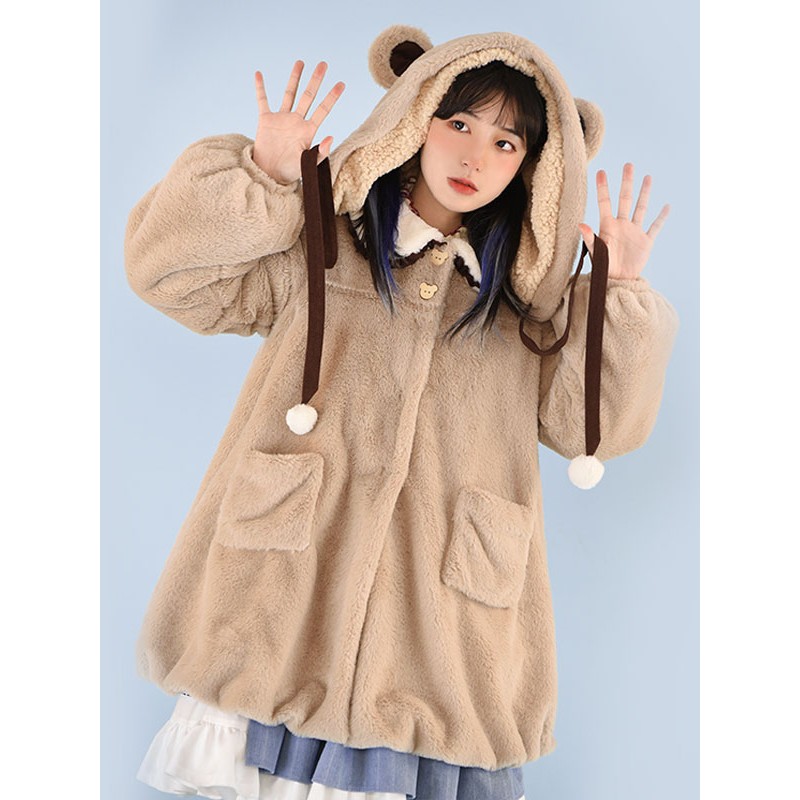 Coffee Brown Lolita Pom Poms Color Block Overcoat Polyester Fall Sweet Lolita Outwears Coat Daily Casual