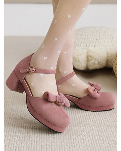 Sweet Lolita Sandals Bows Round Toe Chunky Heel Monogram Suede Pink Lolita Summer Ankle Strap Heels