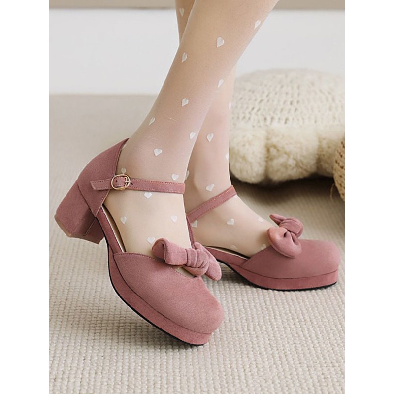 Sweet Lolita Sandals Bows Round Toe Chunky Heel Monogram Suede Pink Lolita Summer Ankle Strap Heels