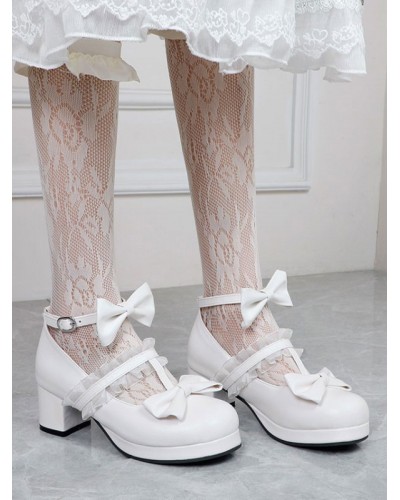 White Lolita Footwear Round Toe PU Leather Lolita Pumps