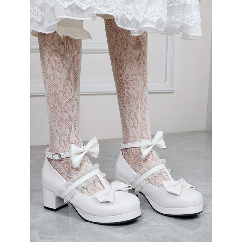 White Lolita Footwear Round Toe PU Leather Lolita Pumps