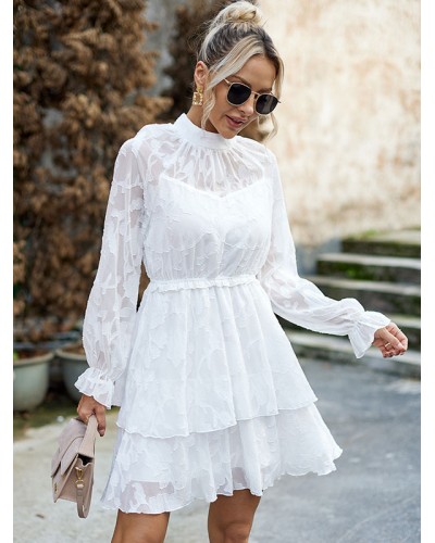 Skater Dresses Jewel Neck Ruffles White Long Sleeves Fit And Flare Dress Chic  Modern Casual Street Wear Daily Casual Dating