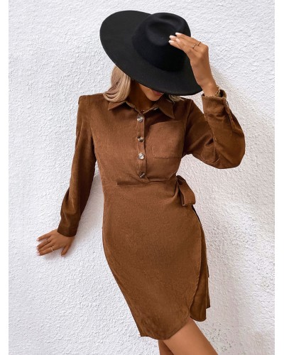 Women Shirt Midi Dress Deep Brown Turndown Collar Buttons Long Sleeves Dresses Mini Spring Fall