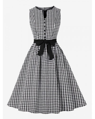 Dress 1950s Audrey Hepburn Style Black Plaid Women Sleeveless Swing Dress Bodycon Retro Summer