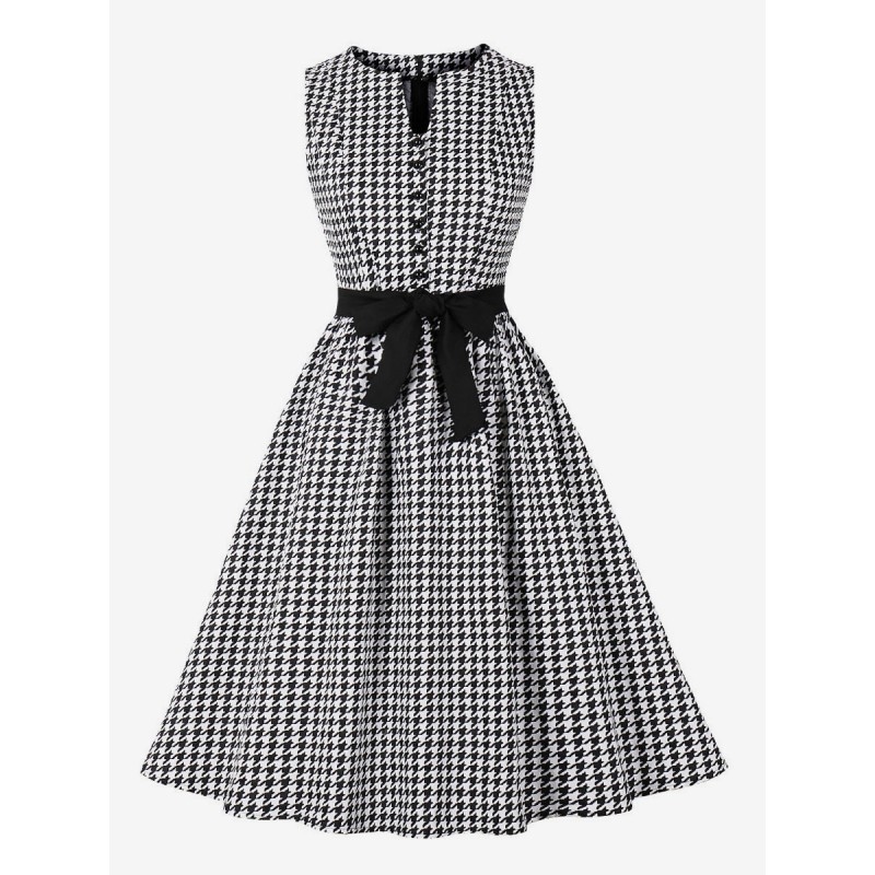 Dress 1950s Audrey Hepburn Style Black Plaid Women Sleeveless Swing Dress Bodycon Retro Summer